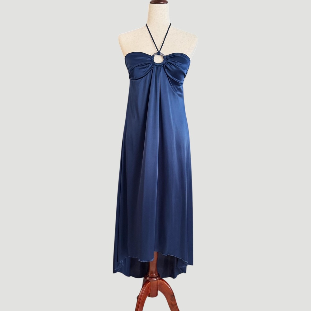 Speechless Blue Halter Vintage Y2K Satin Prom Dress Hi Lo Sz M‎ Grecian Formal